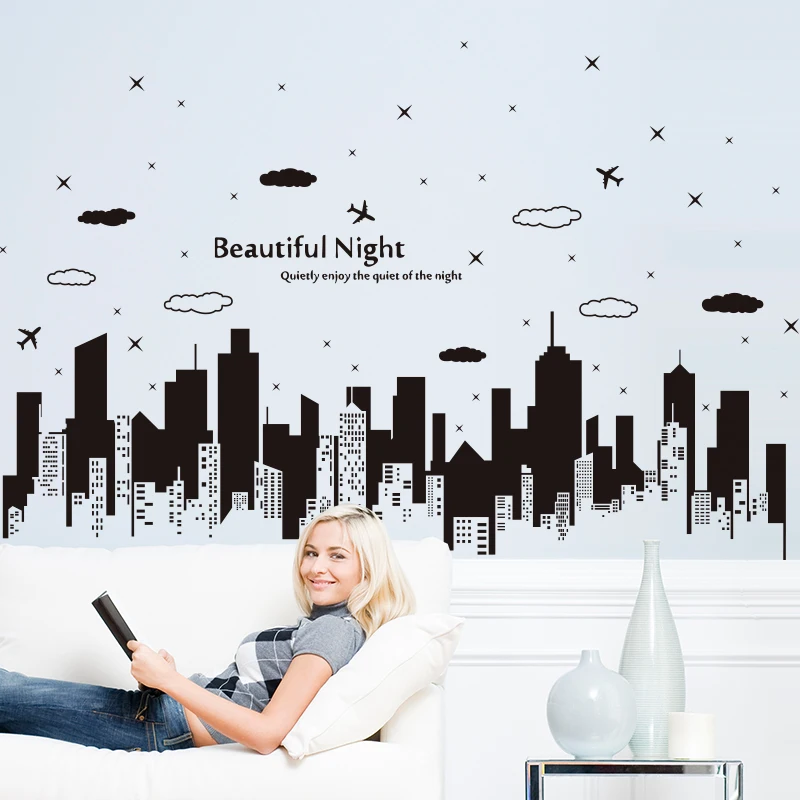 

[SHIJUEHEZI] Black Color Buildings Baseboard Stickers PVC Material Modern DIY Mural Decals for Living Room Bedroom Decoration