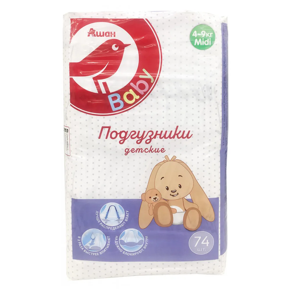 Подгузники Auchan Красная птица, midi(4-9 кг), 3 размер, 74 шт