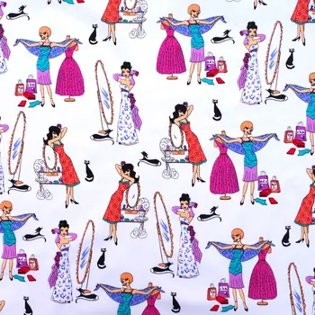 

1 yard Cotton stretch satin Fabric - Fashion Lady, mirror and cat (white background) (width=130cm)