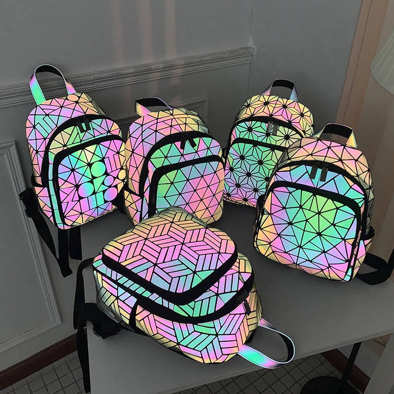 CROCROGO-mochila holográfica luminosa con rombos geométricos, bolso para ordenador portátil, a la moda, colorida, Diagonal, escolar, de viaje