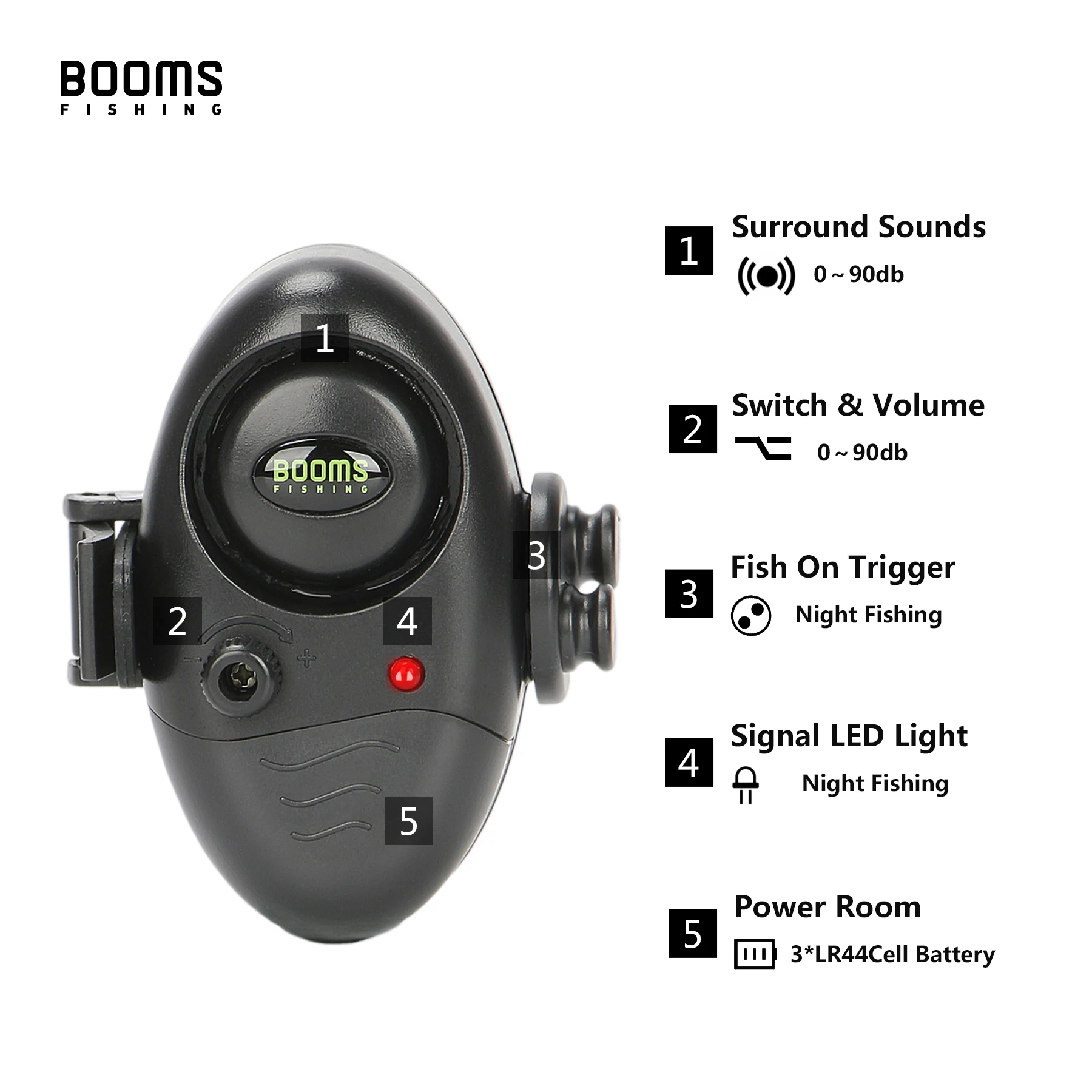 Booms Fishing E02 Bite Alarm 4 sets Fishing Signalizator Carp Fish Indicator with LED / Sounds Battery Include fishing bite alarm