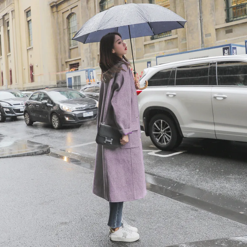 

INS Woolen Jacket Women's Mid-length 2019 Autumn & Winter New Style Korean-style Loose-Fit Students Purple Woolen Overcoat Fashi