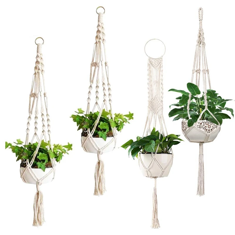 Горячая Подвеска для растений из макраме [4 шт] подвесной, для помещений и улицы горшки из хлопка веревка, элегантный для дома, патио, сада
