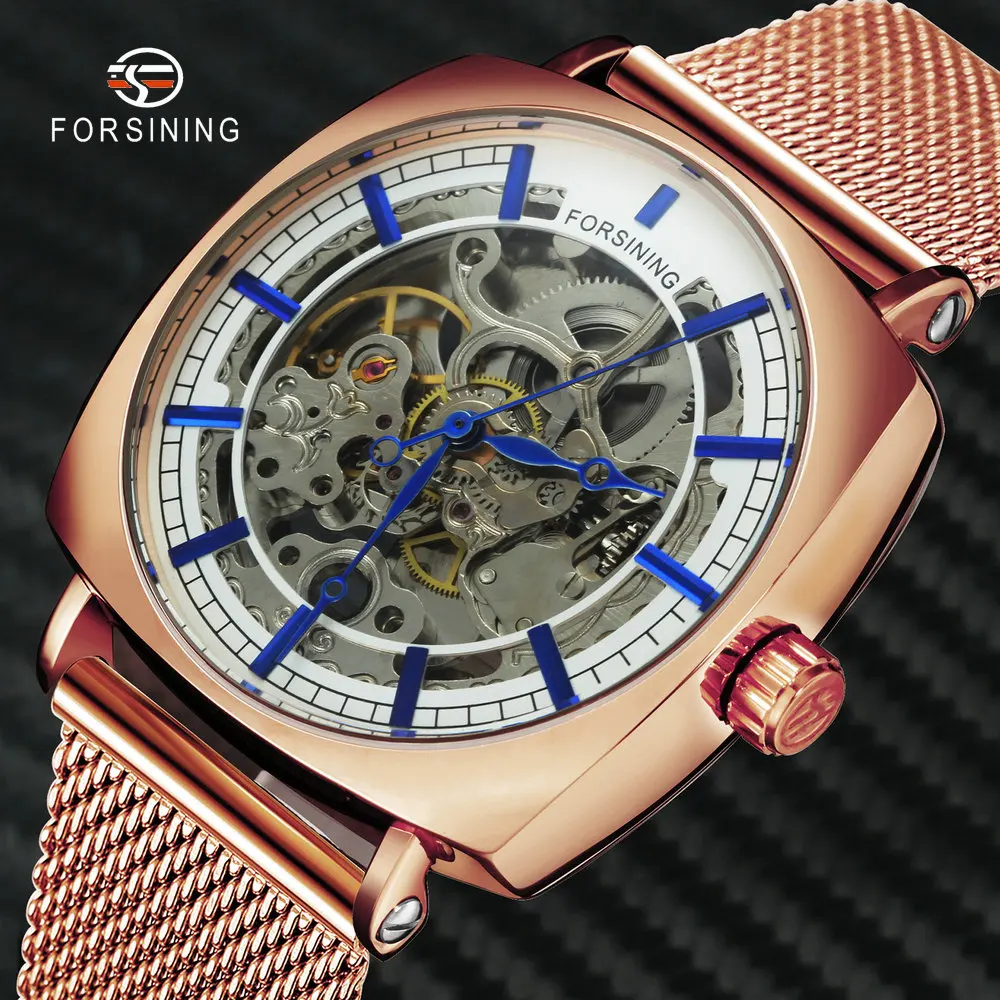 

FORSINING Rose Gold Square Watch Men Automatic Mechanical Skeleton Watches Carved Design Stainless Steel Mesh Strap Wristwatch