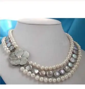 

Free shipping New natural freshwater Real pearl & coin pearl necklace&shell flower clasp