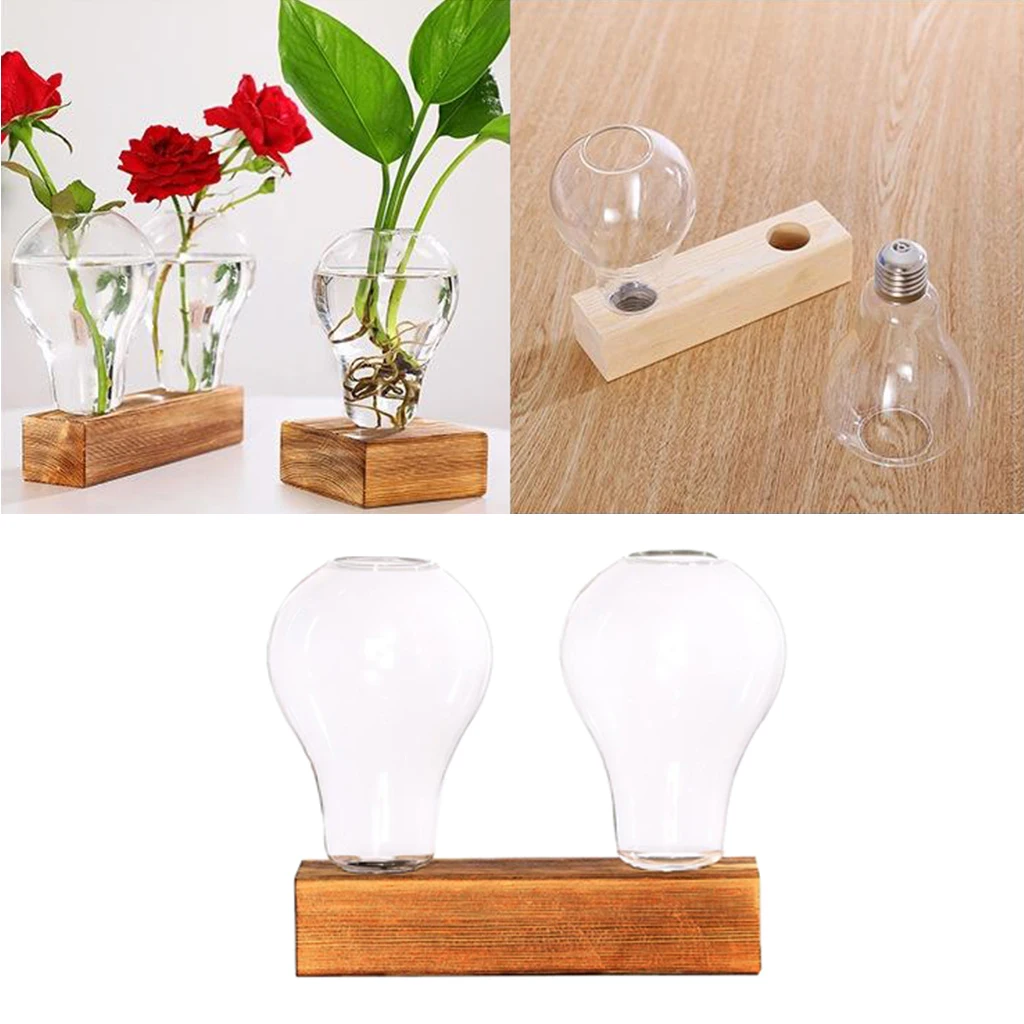 Hydroponic Plant Vase Desktop Glass Wooden Stand Plant Holder for Office Home