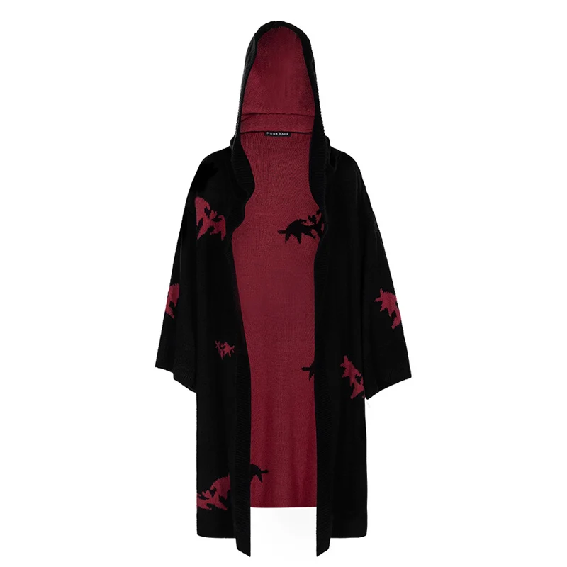 PUNK RAVE Girl's Gothic Bats Patten Hooded Knitted Long Cardigans Women Coats Personality Casual Knit Sweater