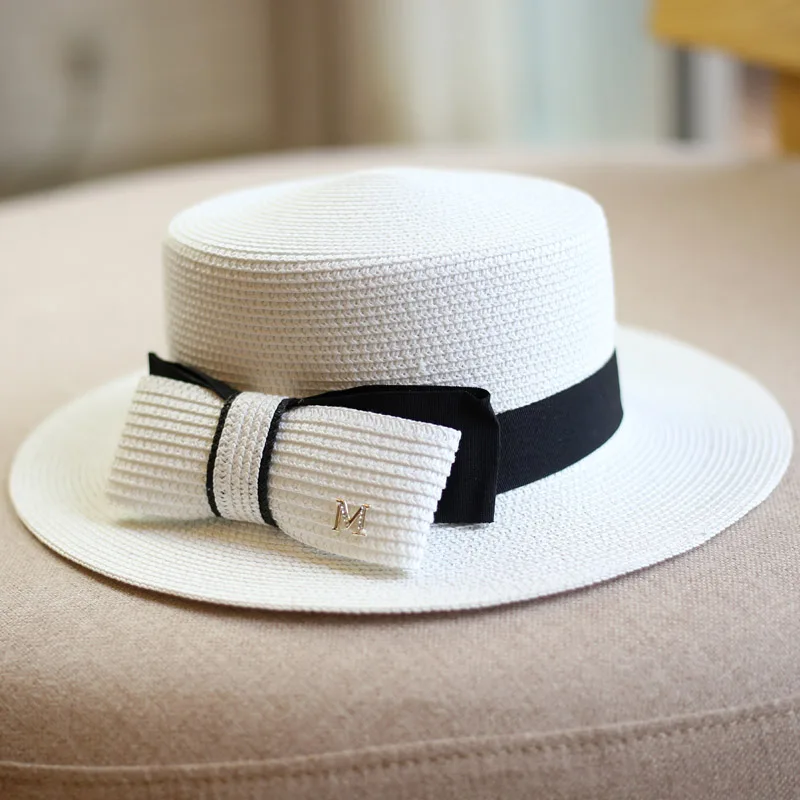 Flat top big bow women's straw hat summer black classic beach hat top hat  street shooting hat outdoor sunscreen sun hat