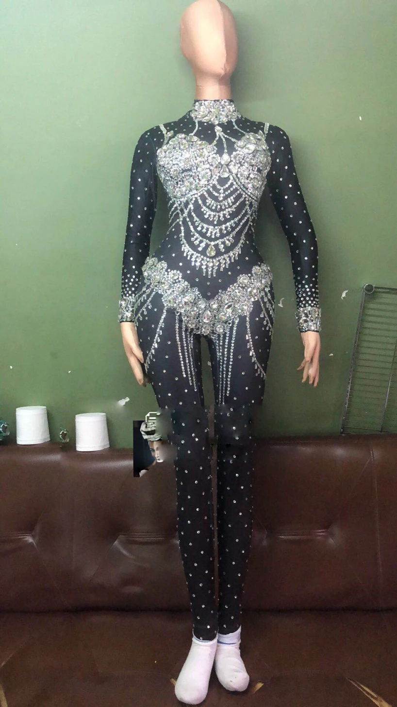 Jumpsuit Sparkly Crystals Nude Stretch Stones Outfit Celebrate Bright Rhinestones Bodysuit Costume Female Singer Birthday Dress