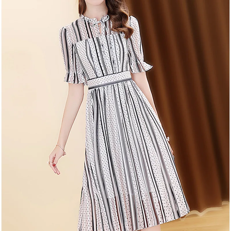 

Printed Polka Dot Dress 2019 New Style Summer Women's Dress Elegant Stripes Waist Hugging Mid-length A- line Skirt Fashion