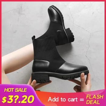

Women Socks Boots Autumn Winter Waterproof Boots Leather Woman Stretch Thin Boots Black Wild Botin Mujer Big Size 942349