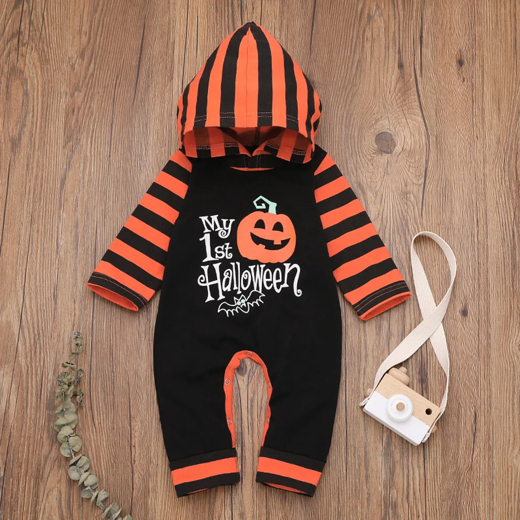 

0-2y Newborn Boys Baby Clothing Girl Hooded Halloween Pumpkin Striped Romper Outfits Infant Clothing 2019 Costume