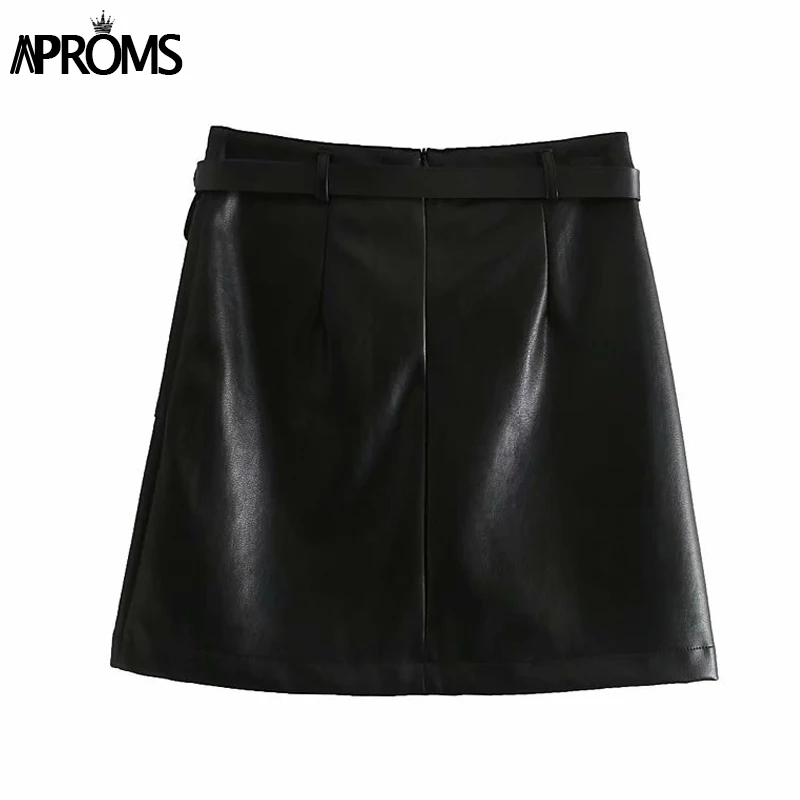 Aproms, Элегантные зеленые шорты трапециевидной формы из искусственной кожи, юбки для женщин, высокая талия, пояс, большие карманы, юбка-корт, офисные женские шикарные плавки