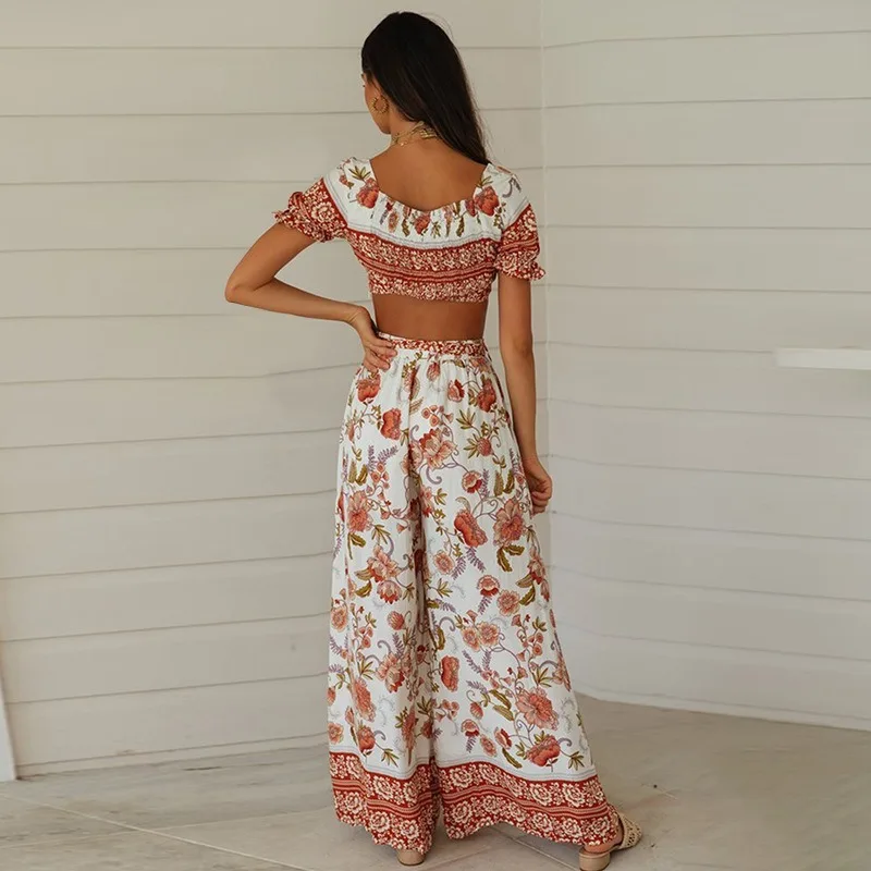 Foridol boho Цветочный принт женские наборы 2020 летние пляжные широкие брюки костюмы