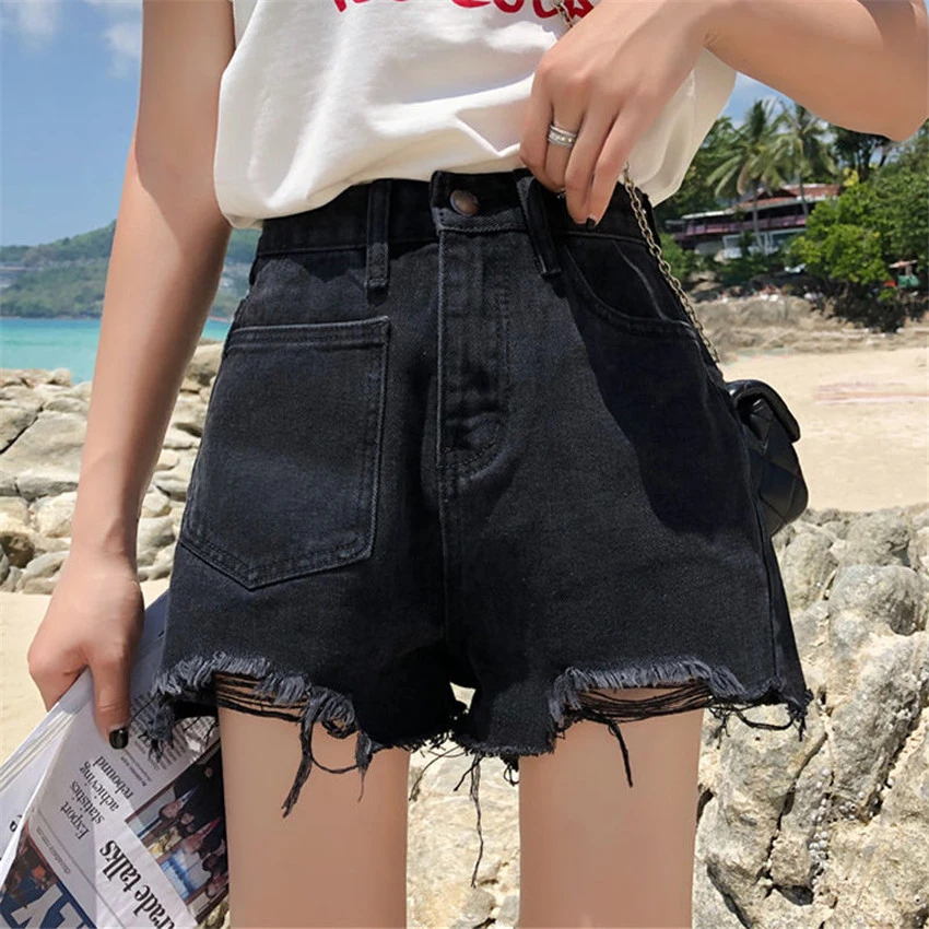 High Waist Denim Shorts For Women Korean Summer Sexy Black Ripped Shorts With Tassel Pockets Mini Short Jeans Shorts Aliexpress