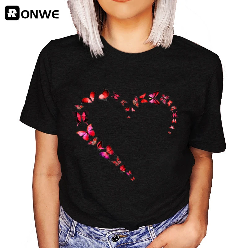 Women Butterfly Love Heart Fashion 90s Black T-shirt Girl Harajuku 