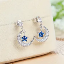 Милые женские маленькие звезды луна Винтажные серьги-гвоздики двойные свадебные серьги для женщин простой серебристый цвет серьги из синего камня