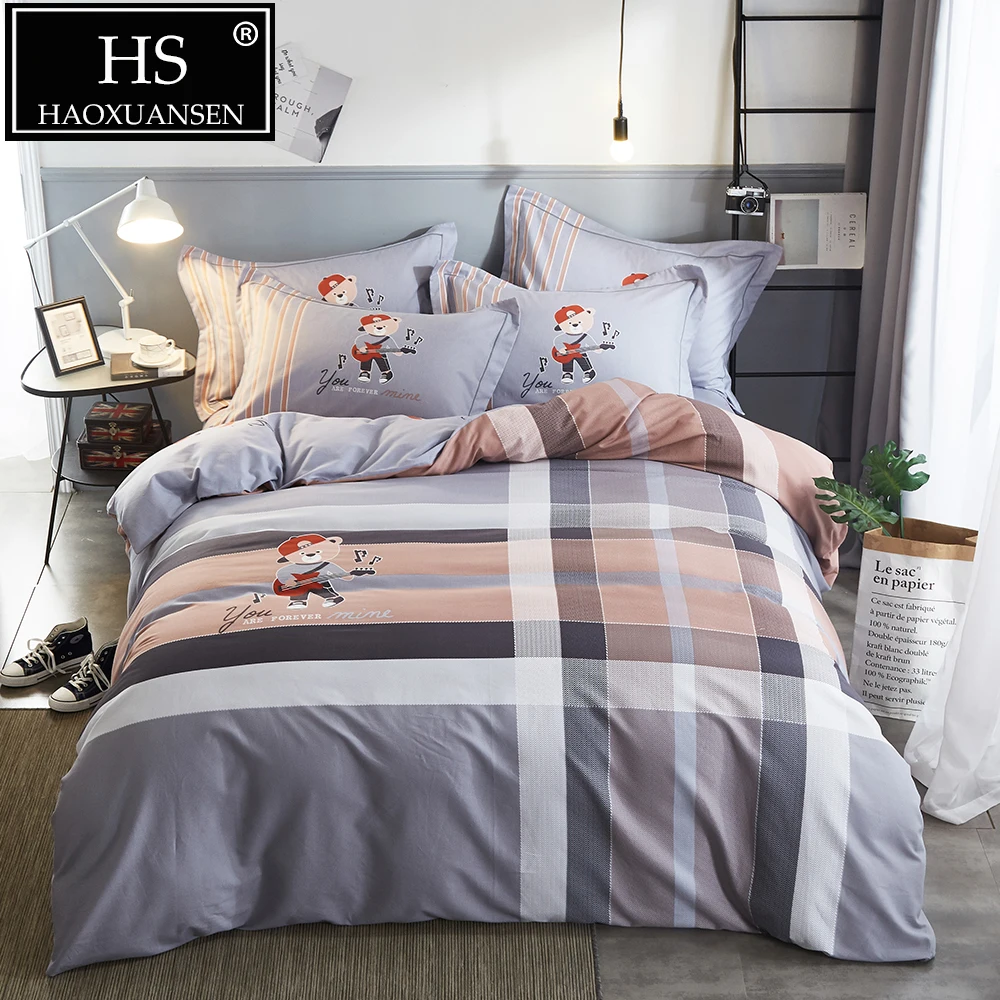 

Plaid Cartoon Sanding Cotton Bedding set Grey 4 Pieces Soft Warm Duvet Cover with playing bear for Winter Queen King Size