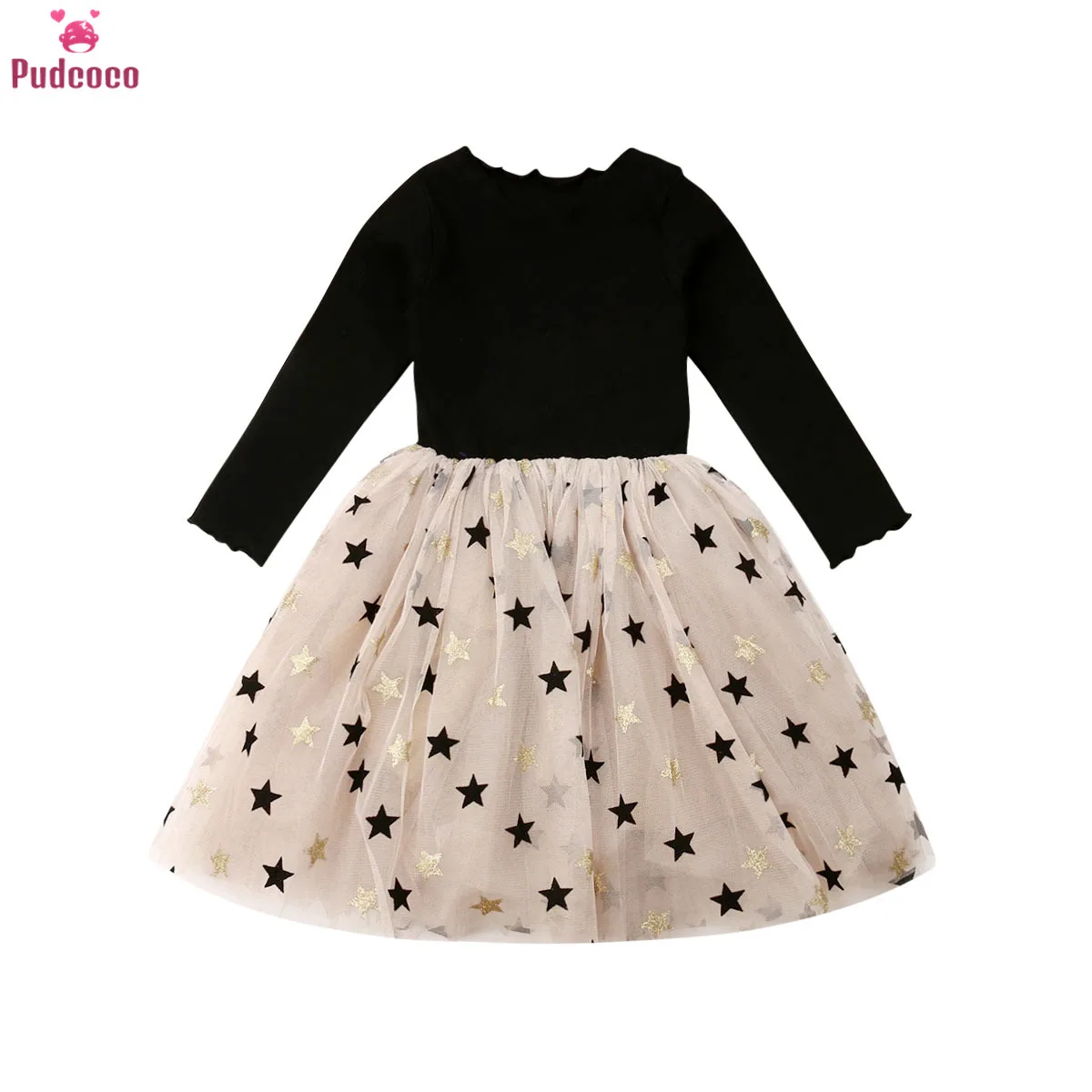 

Spring Autumn Toddler Baby Girls Princess Dress Star Printed Lace Patchwork Knee Length Tutu Party Dresses 2-7Y