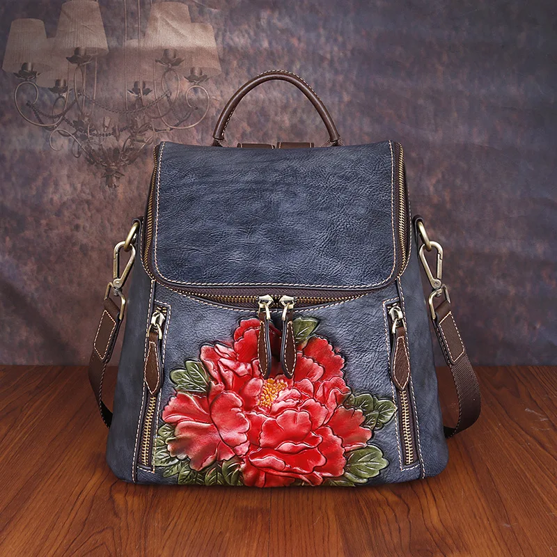 2021RetroGenuineLeatherFloralHighQualityWomenLuxuryBackpack