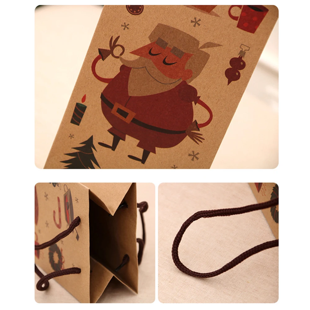 6 Pcs Christmas Gift Bags Reusable Christmas Wine Bottle Gift Bags Kraft Paper Shopping Bag Packing Bags with Handle