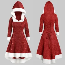 Robe de noel femme, винтажное рождественское платье, женское платье с длинным рукавом, на бретельках, на пуговицах, с капюшоном, с высокой талией, миди, платье navidad@ 40