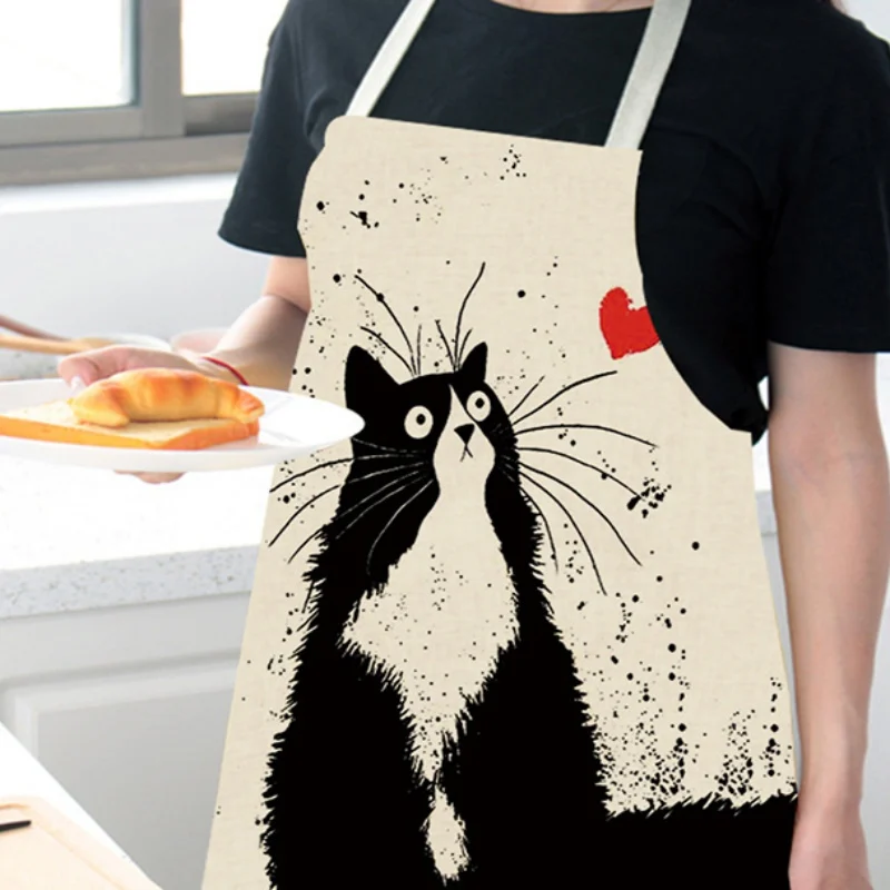 1Pcs Kitchen Apron Funny Dog Bulldog Cat Printed Sleeveless Cotton Linen Aprons for Men Women Home Cleaning Tools 68*49cm