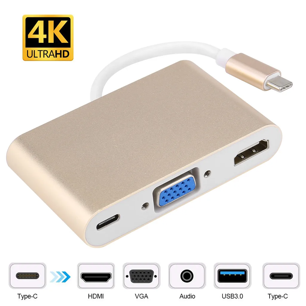 Usb C к Hdmi Vga Usb 3,0 type C аудиоконцентратор адаптер 5 в 1 многопортовый конвертер Usb концентратор компьютерный хаб ноутбук концентратор - Цвет: Gold