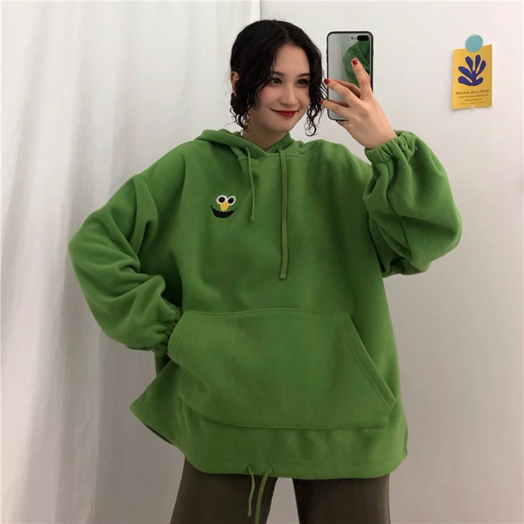 Embroidered Cartoon Hoodies Women Trendy Pockets Loose Sweetshirt Womens Cute Long Sleeve All-Match Lovely Streetwear Female