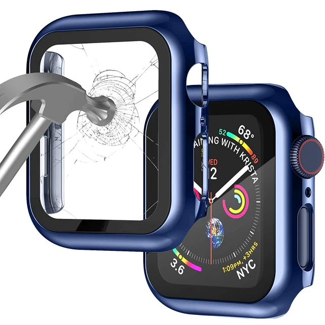 Glass + Cover for Apple Watch Case 45mm 41mm 44mm 40mm 42mm 38mm Screen Protector Accessories for iWatch Series7 6 5 4 3 se Blue