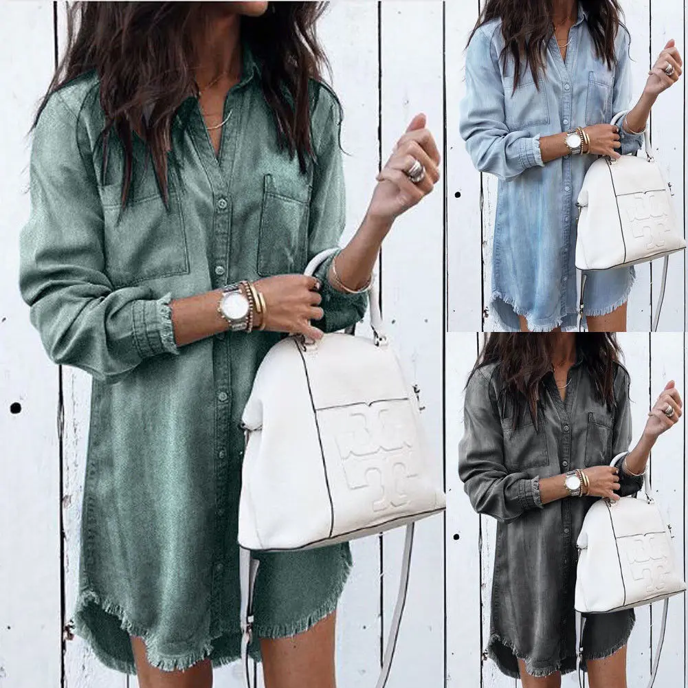 

Fashion Women Long Sleeve Loose Denim Shirts Dress Summer Casual Female Mini Dress Ladies Turn-down Collar Shirt Short Dresses