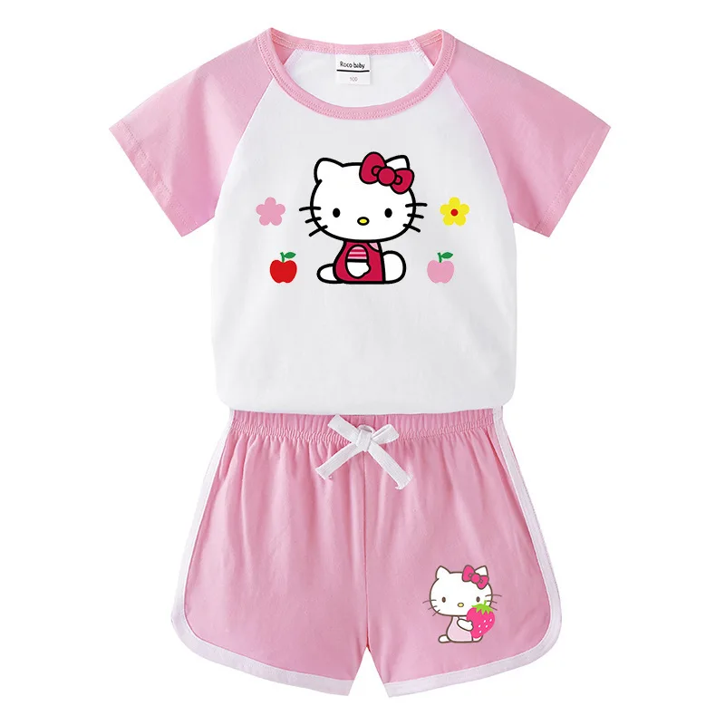 Hello Kitty-Conjunto de Top cómodo de algodón para bebé, pantalones calientes de moda para niña, ropa de dos piezas de manga corta con dibujos animados bonitos
