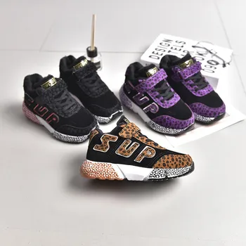 

Autumn Sports Shoes Canvas Hook Loop Leopard Girl Boy Running Shoes Warm Sneakers For Spring Кроссовки