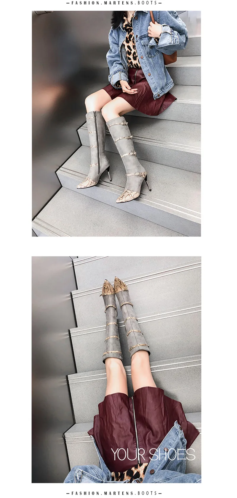 European and American style wind pointed fine with color side zipper high boots female snake pattern sexy women's boots