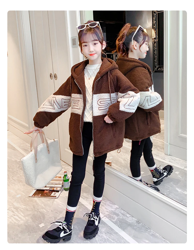 real mink coat New Girl Spring Winter Jacket Long Toddler Child Warm Coat Lambswool Outwear Thicken Teenage Clothes Black Purple Khaki High Qua outdoor coats