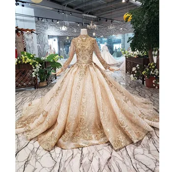 شراءBGW HT4308 فستان زفاف مسلم فاخر الرقبة العالية الترتر لامعة جلد حتى الظهر اليدوية زين فستان الزفاف ثوب زفاف ذهبي