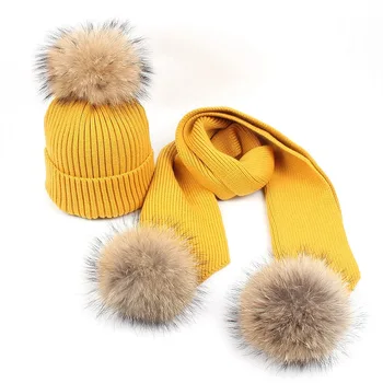 

Winter Warm Real Fur Hat Knitted Raccoon 3Pcs Pompom Caps+ scarf 2Pcs Kids Chirtsmas New Year Gift For Children 2-7Year Fur Hat
