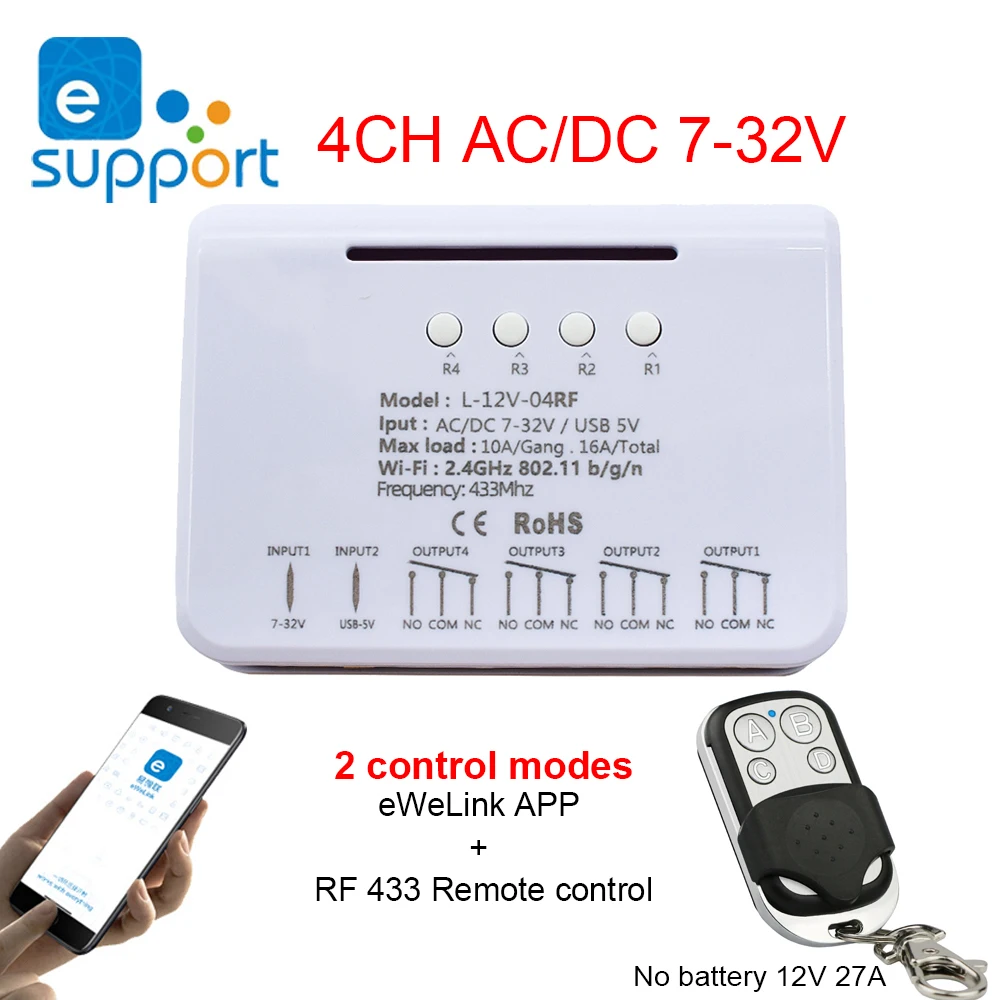 4CH EWelink Wireless Switch,WiFi Switch Module,EWelink APP,Remote Control,DIY Smart Home,4Gang Relay,work with Alexa Google Home 