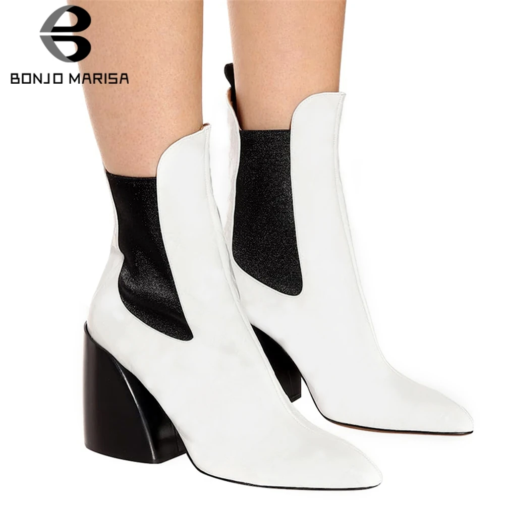 

BONJOMARISA 33-43 Brand New Lady Luxury Genuine Leather Ankle Boots White Pointed Toe Chelsea Boots Women High Heels Shoes Woman