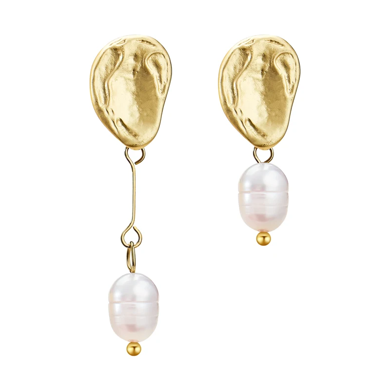 

QCOOLJLY Matte Metal Gold Asymmetric Irregular Natural Freshwater Pearl Drop Earrings for Women Jewelry pendientes mujer moda