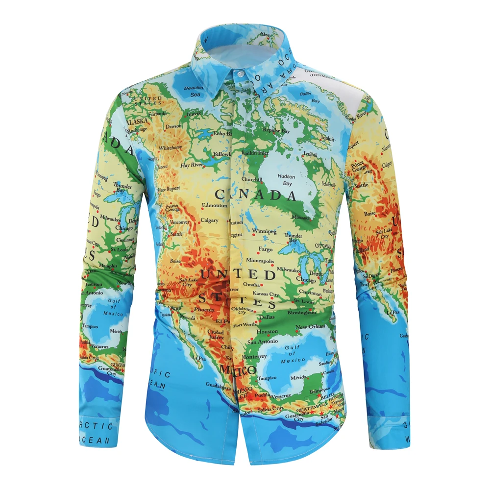 

New Fashion Personality Map Print Shirt Digital Print Men's Long Sleeve Chemise Homme Social Men Shirt Map Collection