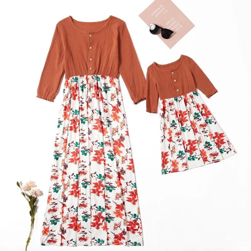 

Mother Daughter Dresses Orange Red Fungus Cufflinks O-neck Long Sleeve Family Matching Clothes Parent-child Dress Family Outfits