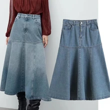 

Withered Spring Long Skirt Women A-line Faldas Mujer Moda 2022 England Fashion Vintage High Waist Patchwork Denim Skirts Womens
