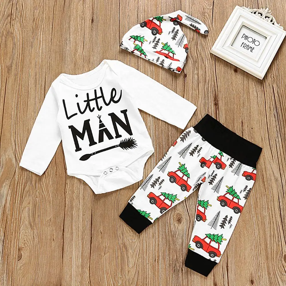 PatPat 3-piece Baby LITTLE MAN Bodysuit Set Autumn Winter Christmas Boy Hat Top Pants Cotton Long Sleeve Round Neck |