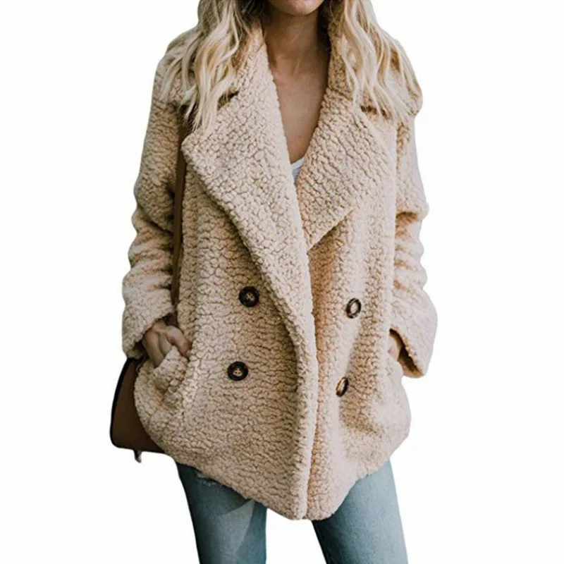 Женское зимнее толстое плюшевое пальто с лацканами пушистые куртки из искусственного меха женские двубортные пуговицы карманы размера плюс пальто 5XL