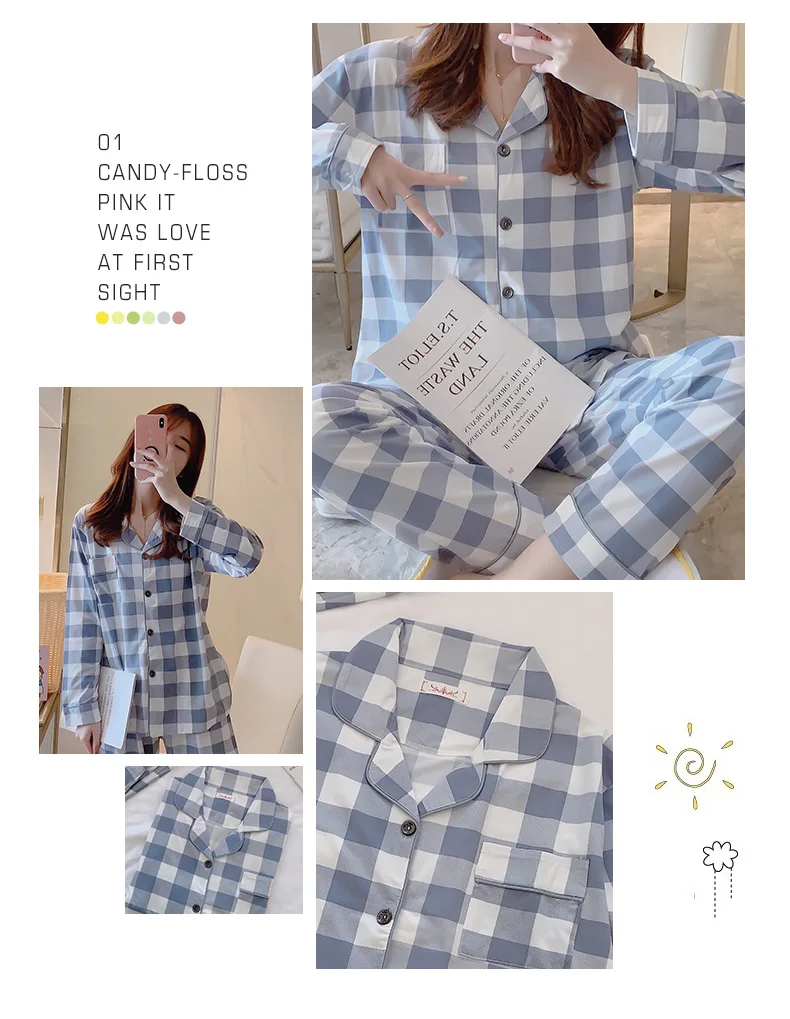 CAIYIER Autumn Winter New Sleepwear Set Women Turn-down Collar Pajamas Cute Cartoon Pattern Button Top+Pants Leisure Home Wear