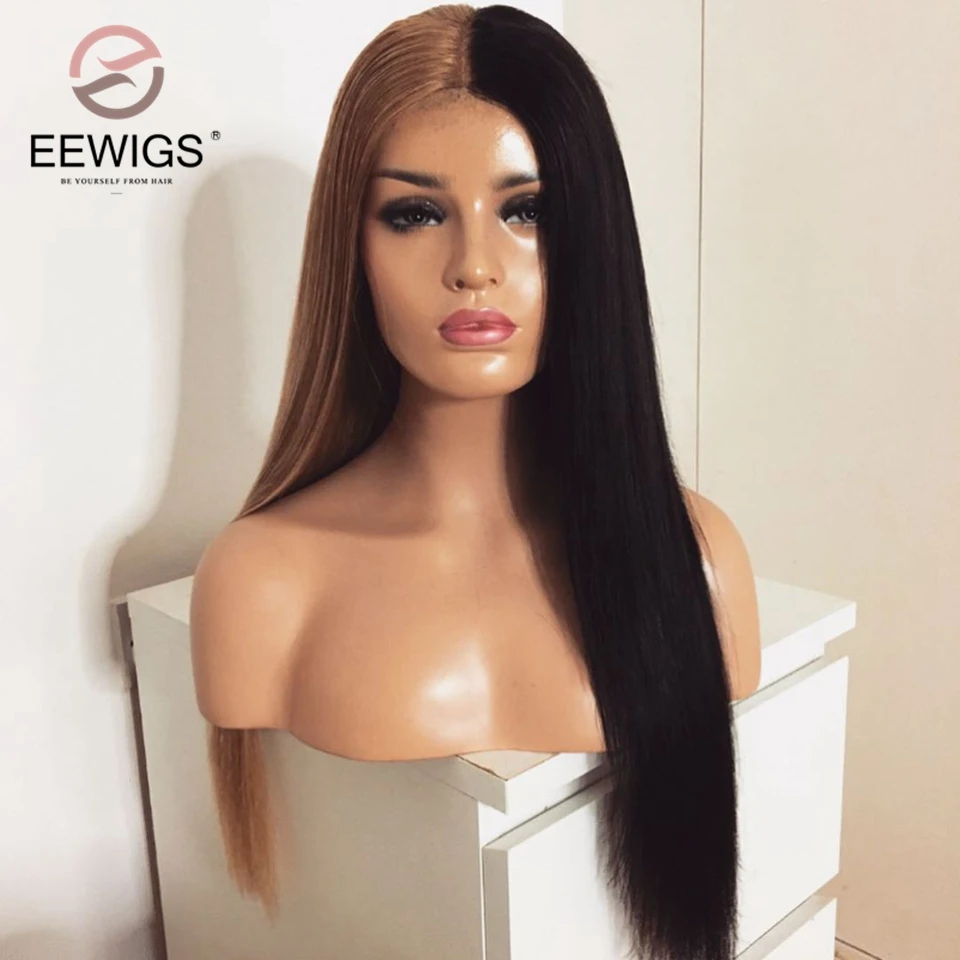 Парик для косплея EEWIGS Длинные прямые парики со светлыми кружевами спереди черные