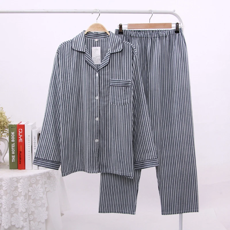 cotton pj set JULY'S SONG 2 Pieces Cotton Men's Pajamas Set Casual Striped Long Sleeve Lapel Collar Sleepwear Spring Summer Homewear Nightwear mens pjs