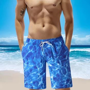 

Mens Blue Sea Print Drawstring Swim Trunks Quick Dry Bathing Suit Beach Board with Mesh Lining Shorts Male Plus Szie M-3XL