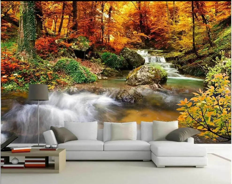 

Custom mural 3d photo wallpaper Golden autumn forest flowing water waterfall decor living room wallpaper for walls 3 d in rolls